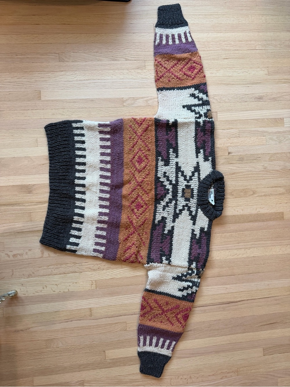 Men's Patterned Crewneck Wool Sweater in Cream, Purple & Brown